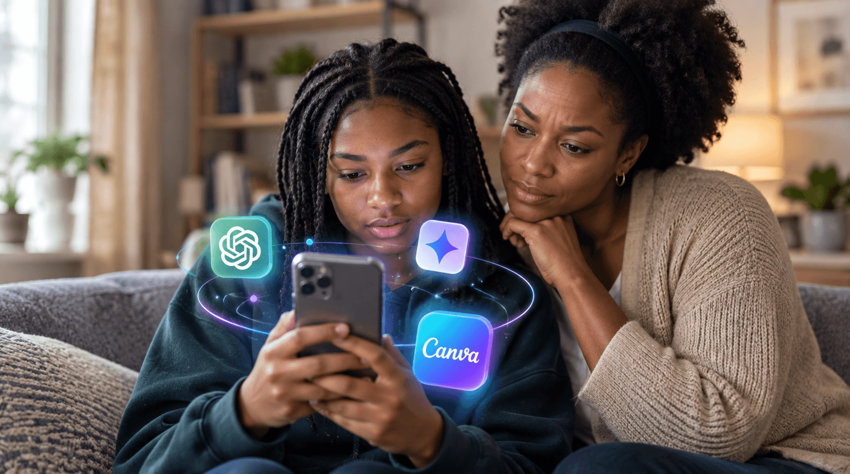 mother helping kid to understand AI